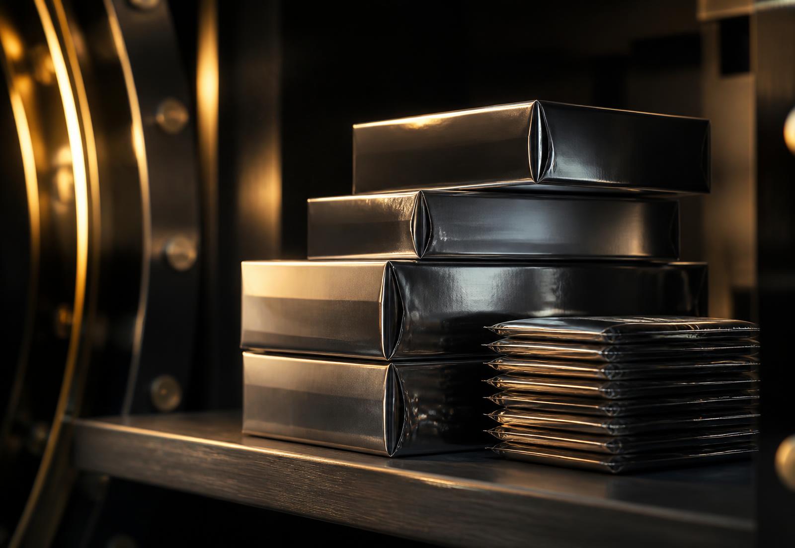 Sealed trading card hobby boxes and foil packs stacked on a shelf inside an open gold vault