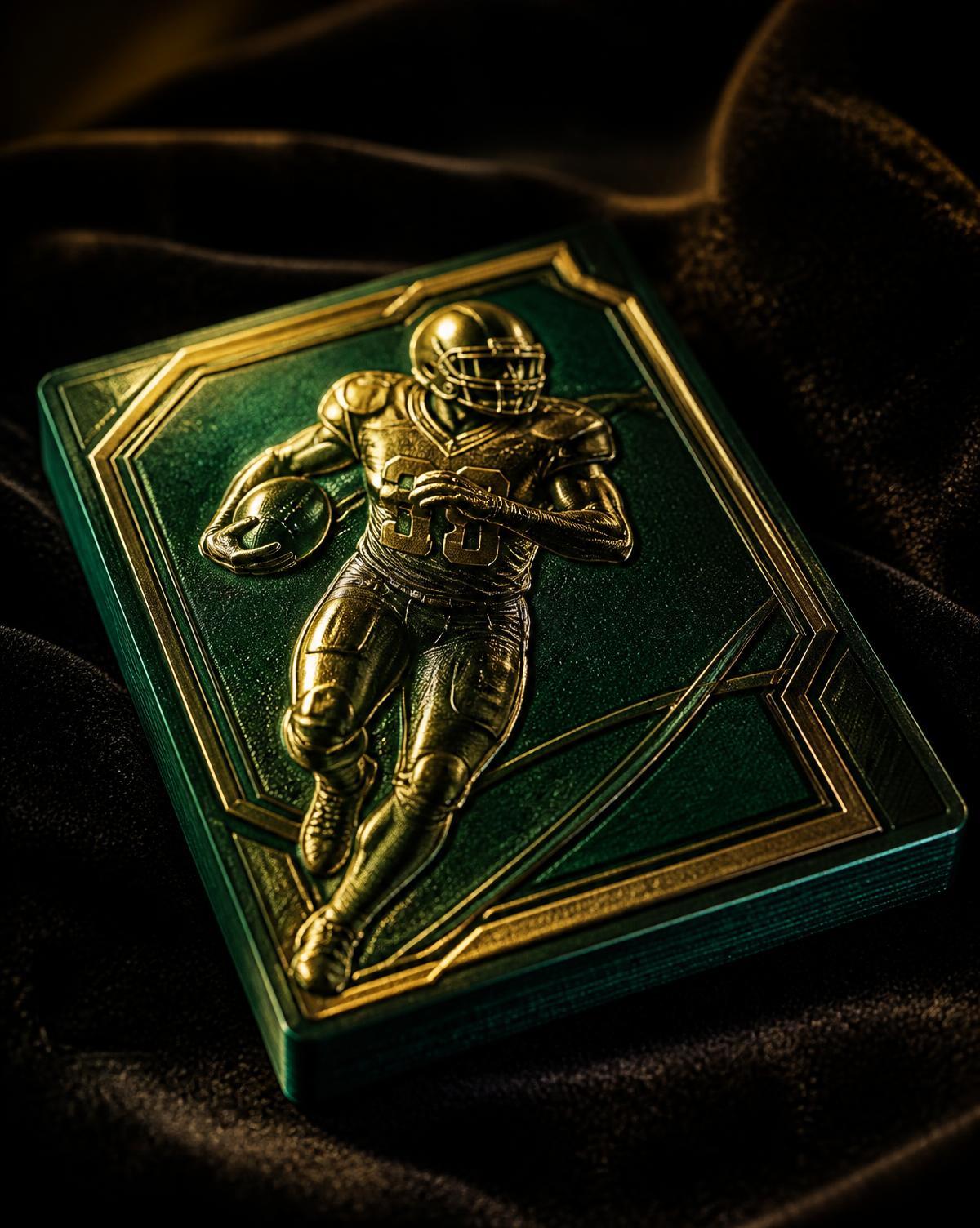 Premium emerald and gold football trading card resting on black velvet