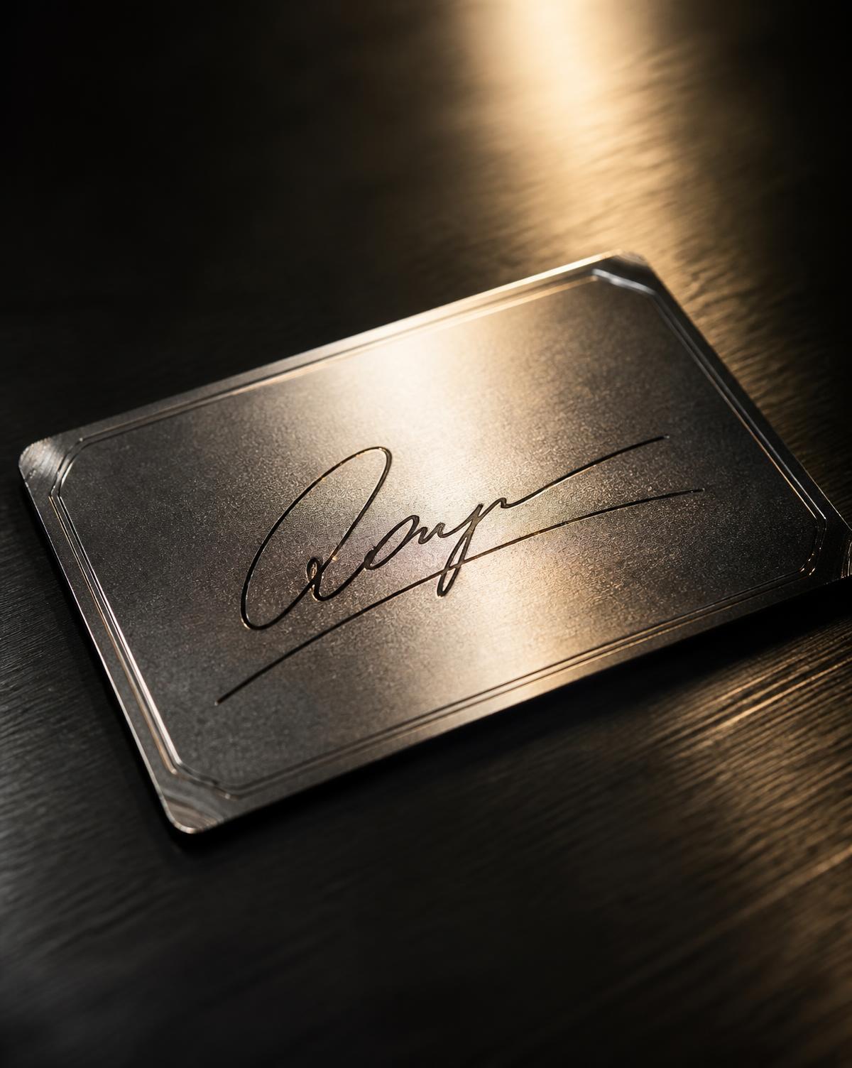 Metallic trading card carrying an ink autograph under a gold spotlight
