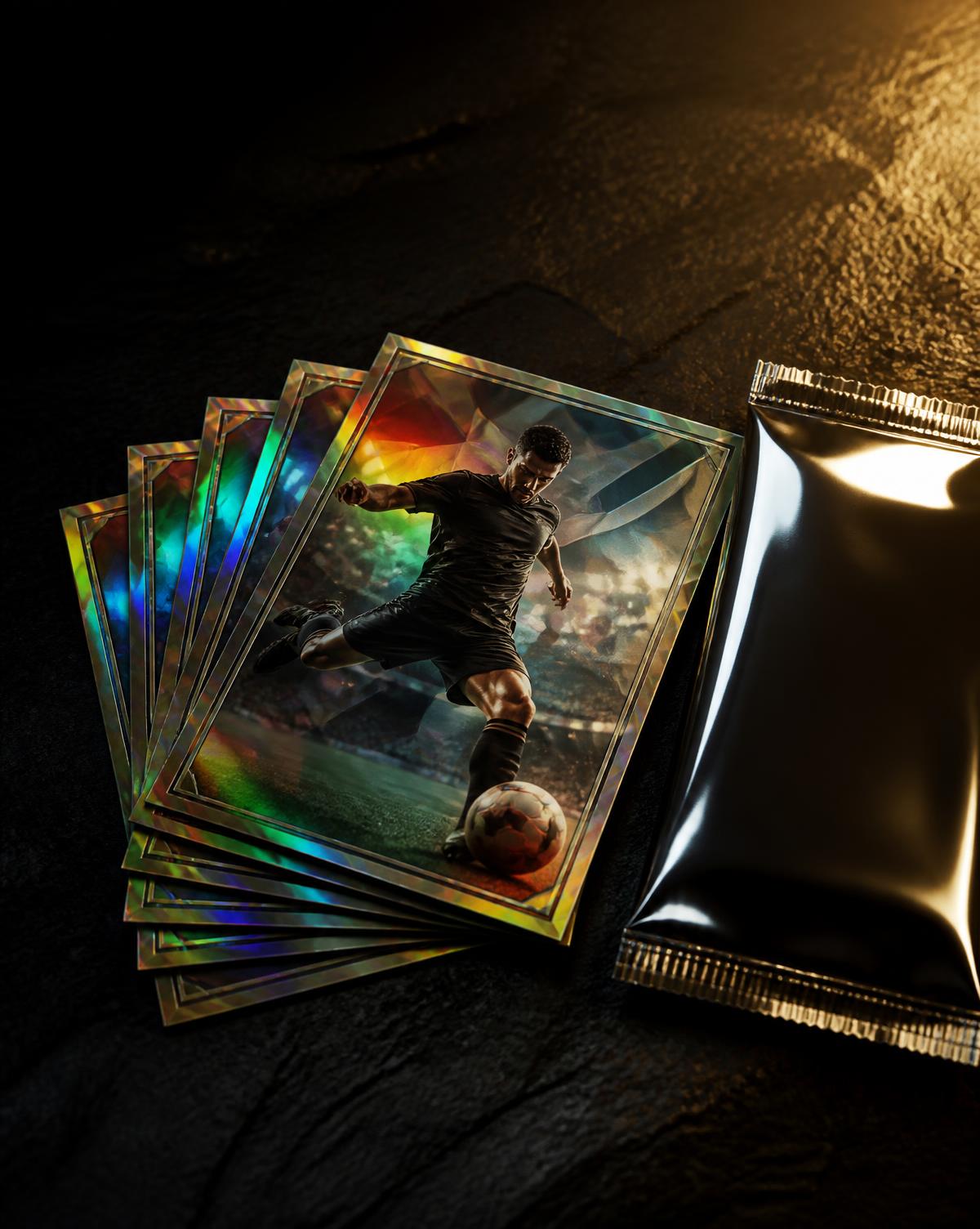 Chrome football trading cards fanned beside a sealed foil pack under gold light