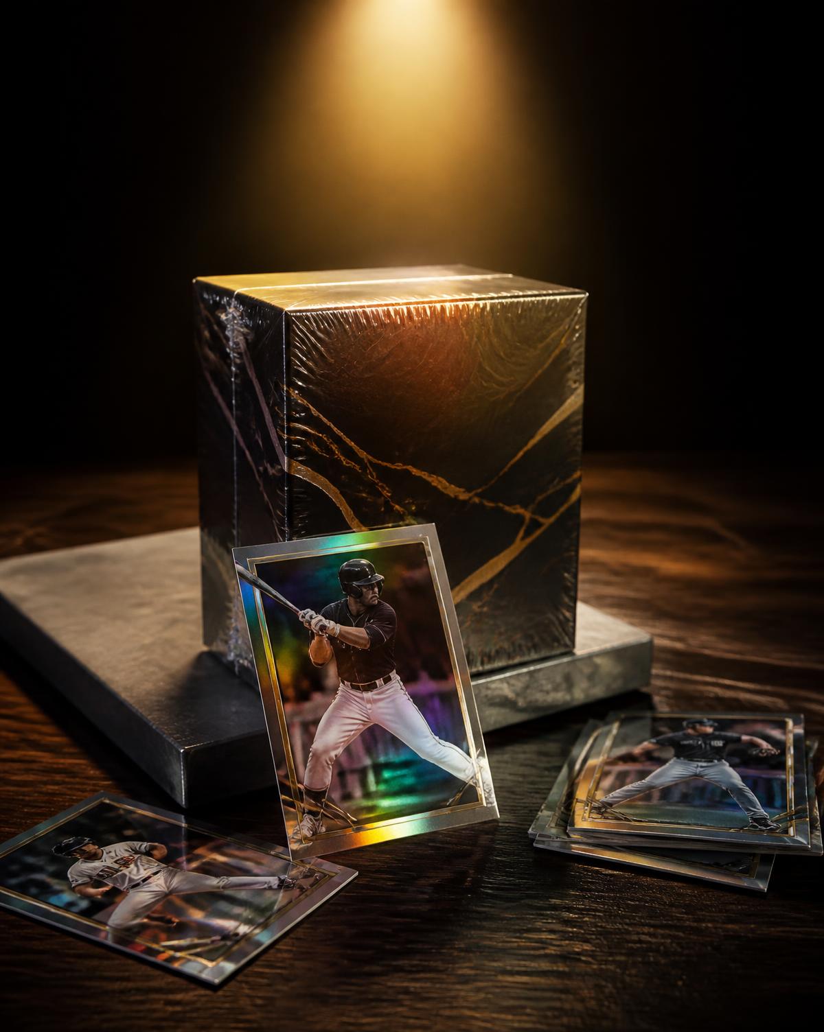 Sealed trading card box with chrome baseball cards displayed in front of it