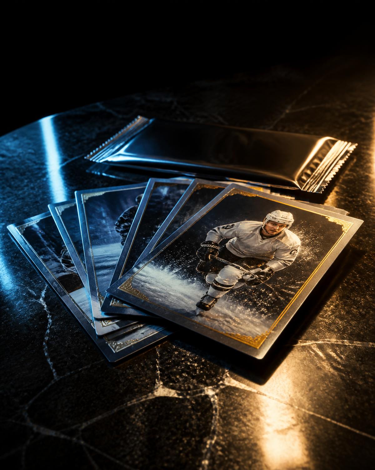 Ice hockey trading cards fanned on dark stone beside a foil pack